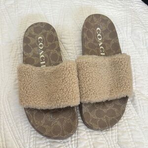 Coach Tan and Brown Shearling Slides